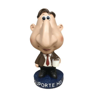 Figura decorativa caricatural de homem, base azul com texto SUPORTE HD