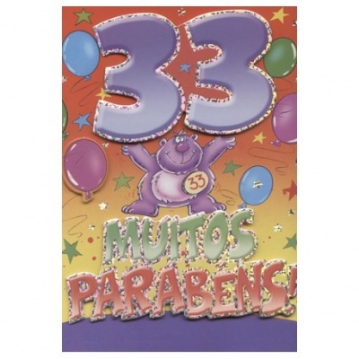 Cartão de felicitações com número 33, hipopótamo lilás, balões e texto MUITOS PARABÉNS