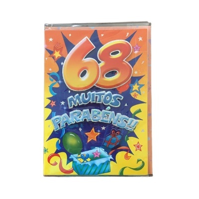 Cartão de aniversário número 68 com texto 'MUITOS PARABÉNS!!' e decoração festiva colorida