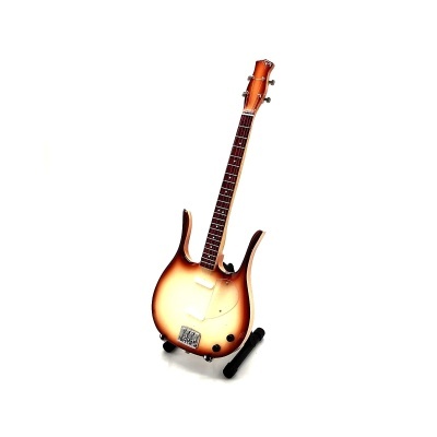 Guitarra elétrica castanho e branco num suporte preto