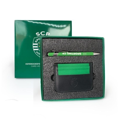 Conjunto oferta Sporting CP com esferográfica verde e porta-cartões preto e verde em caixa verde