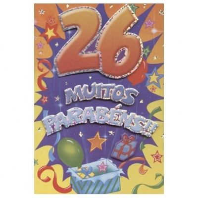 Cartão de aniversário colorido com número 26 e texto Muitos Parabéns