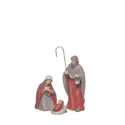 Figuras do presépio com Maria, José e Menino Jesus em tons de vermelho e cinza