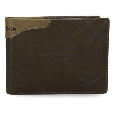 Carteira de pele castanha escura com detalhe verde e logótipo Reebok