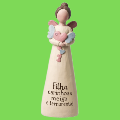 Estatueta de anjo cerâmica com texto para filha sobre fundo verde