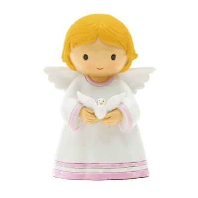 Figura de anjo branco com cabelo amarelo segurando pomba branca