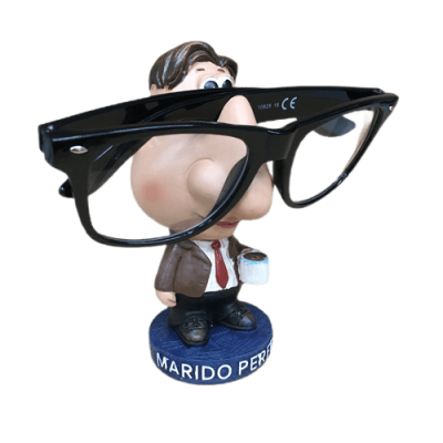 Boneco decorativo homem com base azul e suporte de óculos preto