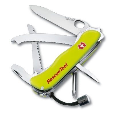 Canivete multiferramentas amarelo com texto 'Rescue Tool' e símbolos Victorinox em metal prateado