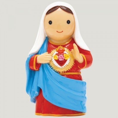 Figura decorativa de Santíssima Virgem Maria em cerâmica com manto azul e vestido vermelho