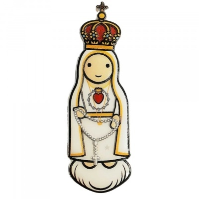 Figura cartoon da Virgem Maria com coroa, manto branco e rosário.