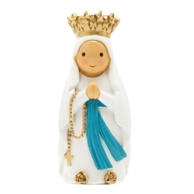 Estátua decorativa de Nossa Senhora com manto branco e coroa dourada