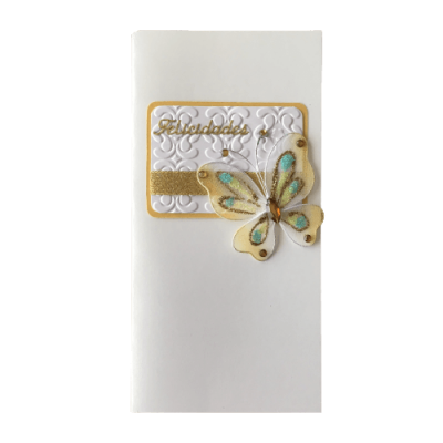 Cartão branco decorativo com borboleta em tecido bege com azul e dourado e a palavra Felicidades