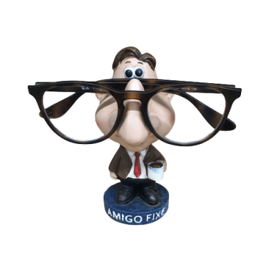 Suporte para óculos com figura caricata de homem e texto AMIGO FIXE