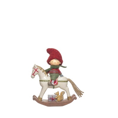 Figurino de menino com chapéu vermelho montado num cavalo branco de baloiço com presente e esquilo na base