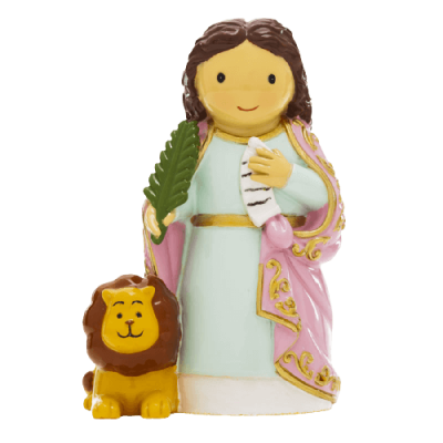 Estatueta colorida de criança com leão ao lado