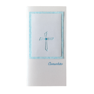 Cartão branco com cruz azul e texto Comunhão