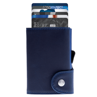 Carteira azul escura em couro com cartões visíveis