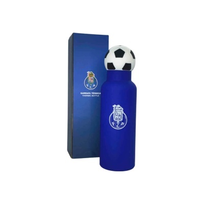 Garrafa térmica azul do F.C.P. com tampa em forma de bola de futebol e caixa azul
