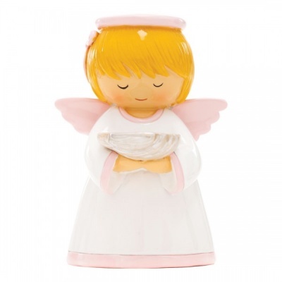 Anjo decorativo com vestido branco e asas cor-de-rosa segurando recipiente branco