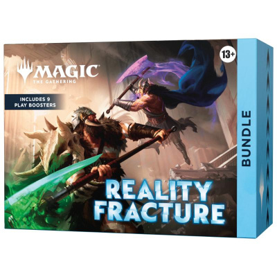 Caixa de jogo Magic The Gathering Reality Fracture com imagem de dois guerreiros e texto do produto.