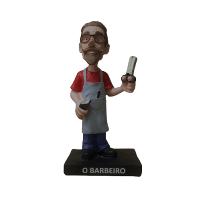Figura decorativa de barbeiro com avental e ferramentas