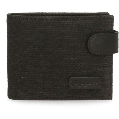 Carteira preta com aba de fecho e etiqueta 'Singal purse'