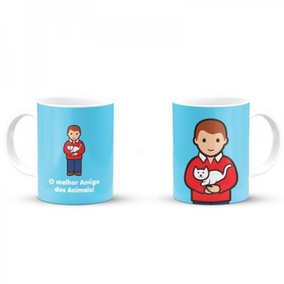 Duas canecas brancas com ilustração de pessoa segurando gato e texto em português.