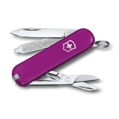 Canivete suíço Victorinox roxo com lâmina, lima de unhas e tesoura