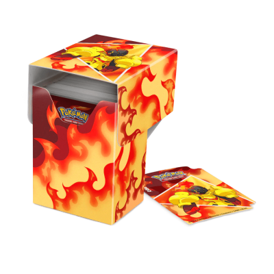 Caixa de cartas Pokémon com design de chamas em vermelho, amarelo e laranja.