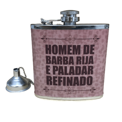 Garrafa metálica com texto em português e tampa com funil
