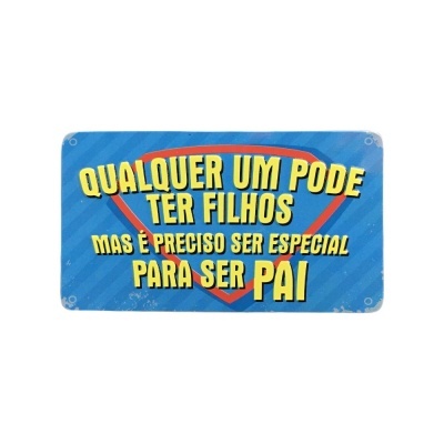 Placa decorativa azul com texto amarelo e branco e símbolo vermelho