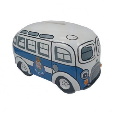 Cofre em forma de autocarro vintage branco e azul com brasão