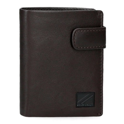 Carteira pele castanha escura com fecho e etiqueta