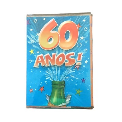 Postal aniversariante com texto '60 ANOS!' e garrafa de champanhe verde a esguichar líquido