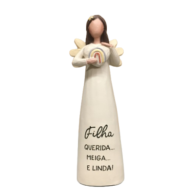 Estatueta decorativa de anjo com arco-íris e texto em português