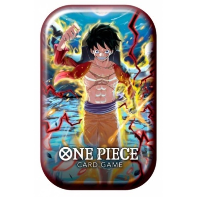 Estojo metálico One Piece Card Game com imagem de Luffy e texto