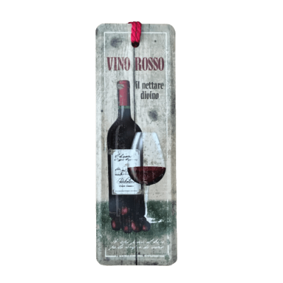 Placa decorativa retangular com imagem de garrafa de vinho tinto e copo de vinho com texto VINO ROSSO il nettare divino