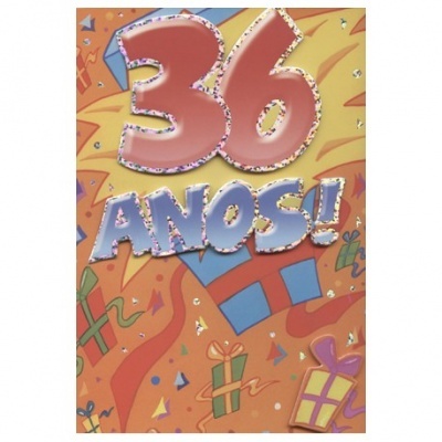 Cartão de aniversário com texto '36 ANOS!' e desenhos coloridos de presentes e confetes