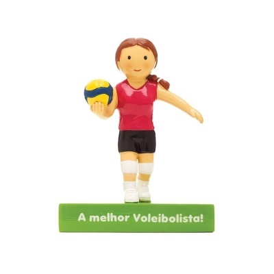Figurina de jogadora de voleibol com bola e base com texto em português
