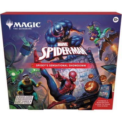Caixa do jogo Magic The Gathering Marvel Spider-Man Spidey's Sensational Showdown com arte colorida e personagens de Spider-Man.