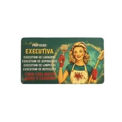 Placa decorativa com mulher loira segurando pincel e vassoura e texto em português sobre profissão executiva