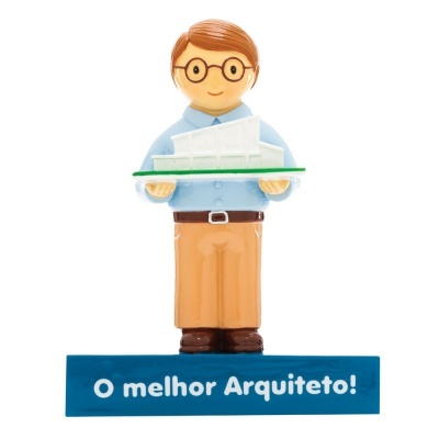 Figura decorativa de arquiteto com modelo e base com texto