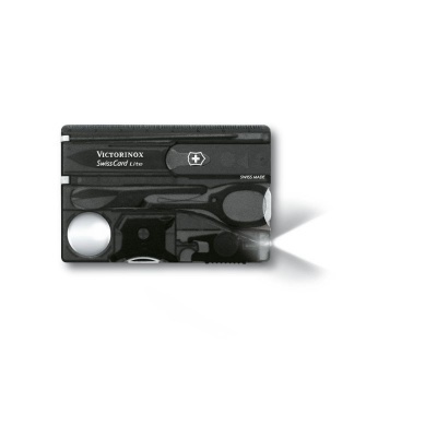 Cartão multifunções preto Victorinox SwissCard Lite com luz LED ligada