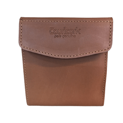 Carteira castanha de pele genuína com aba e costura visível