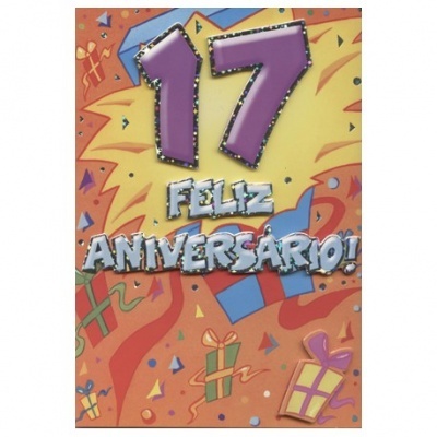 Cartão colorido de aniversário com texto '17 FELIZ ANIVERSÁRIO!' e desenhos de presentes
