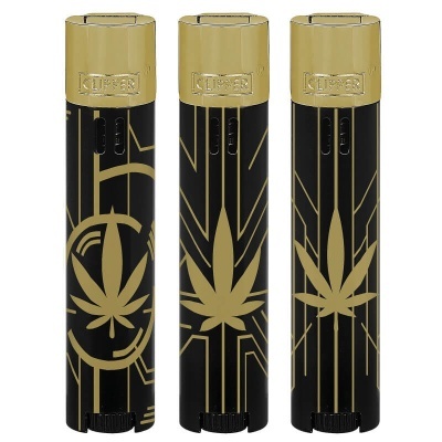 Três isqueiros Clipper preto e dourado com design de folhas e padrões geométricos.