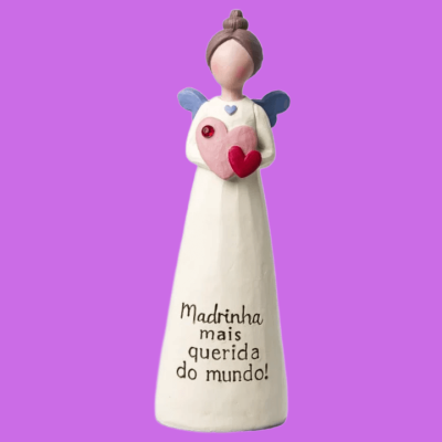 Estatueta de anjo com coração e inscrição para madrinha