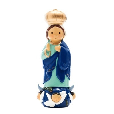 Estatueta religiosa azul e verde com coroa dourada e anjos na base