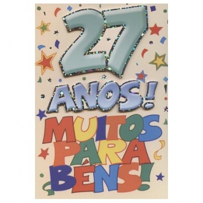 Cartão de aniversário com número 27 e mensagem colorida de parabéns