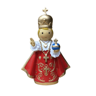 Estatueta de criança com manto vermelho e coroa dourada segurando um globo azul com cruz.